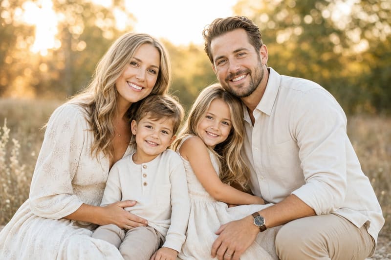 Family of four smiling together outdoors in golden light