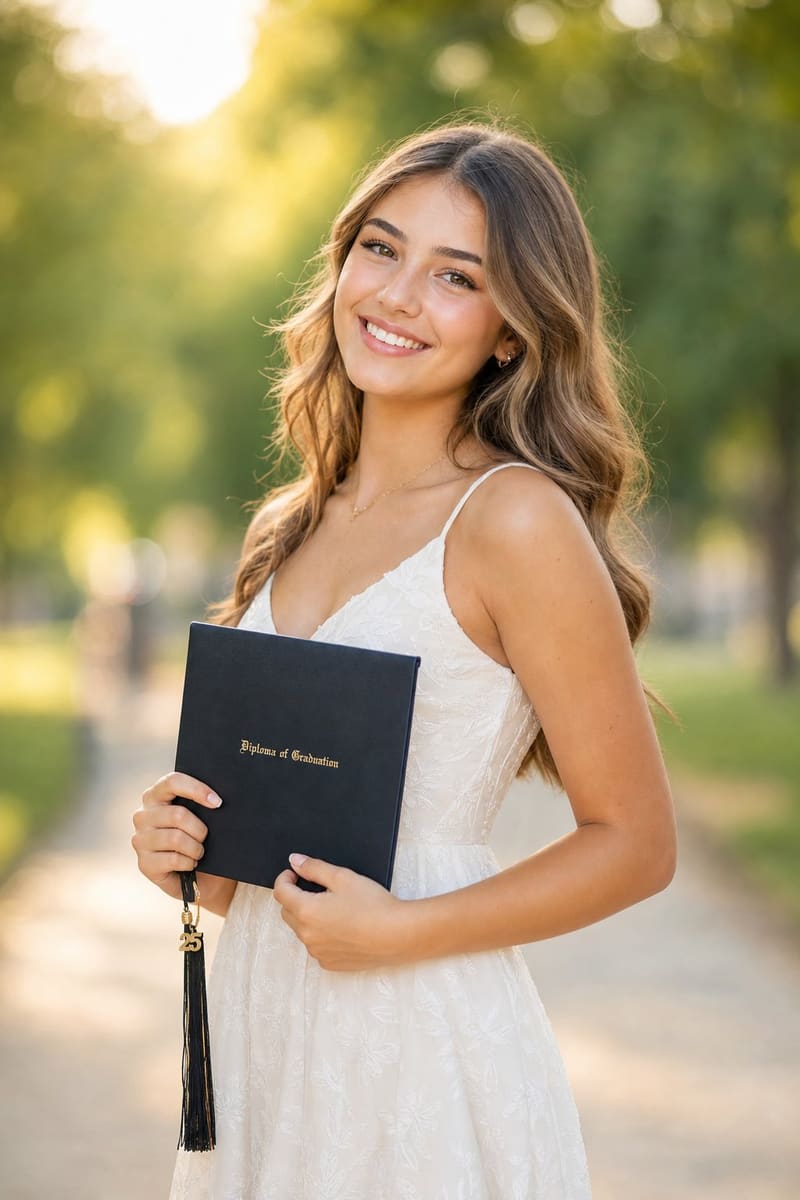 A smiling graduate holding a diploma outdoors