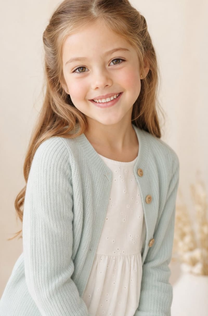 A smiling young girl in a soft cardigan photographed in warm natural light