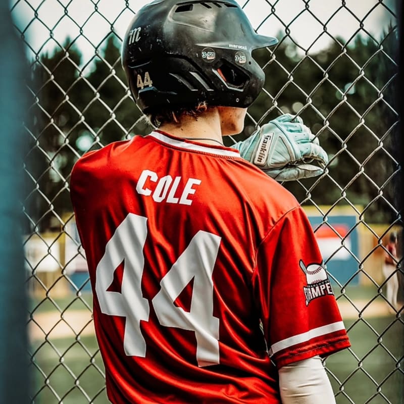 A young baseball player in a red jersey at the field